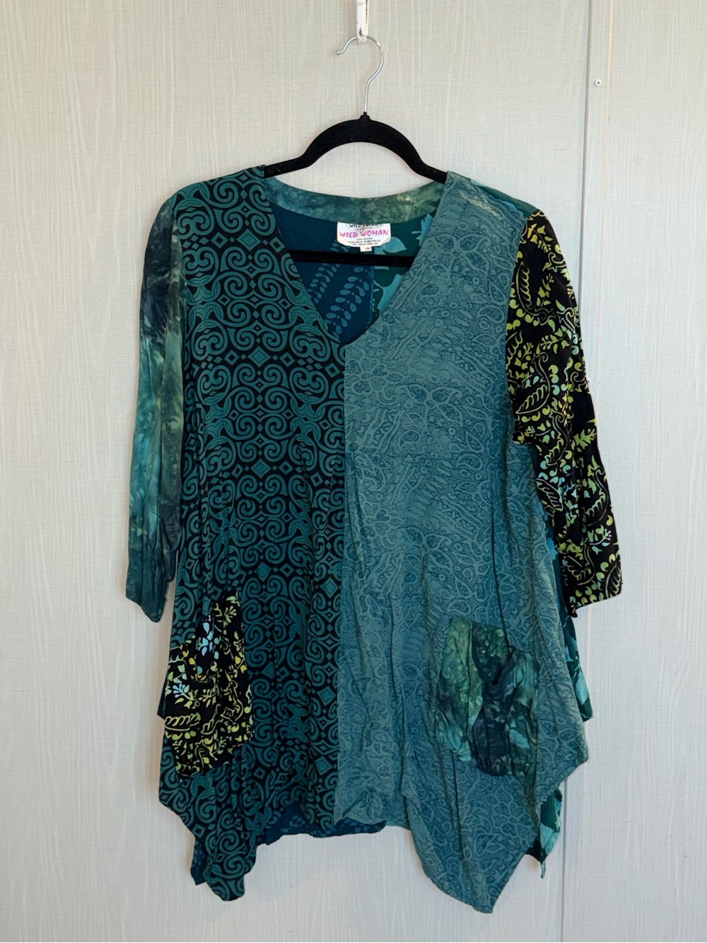 Wild Woman Wild Thing Women’s Sz S-M Top Batik Asymmetric Hem Boho Festival